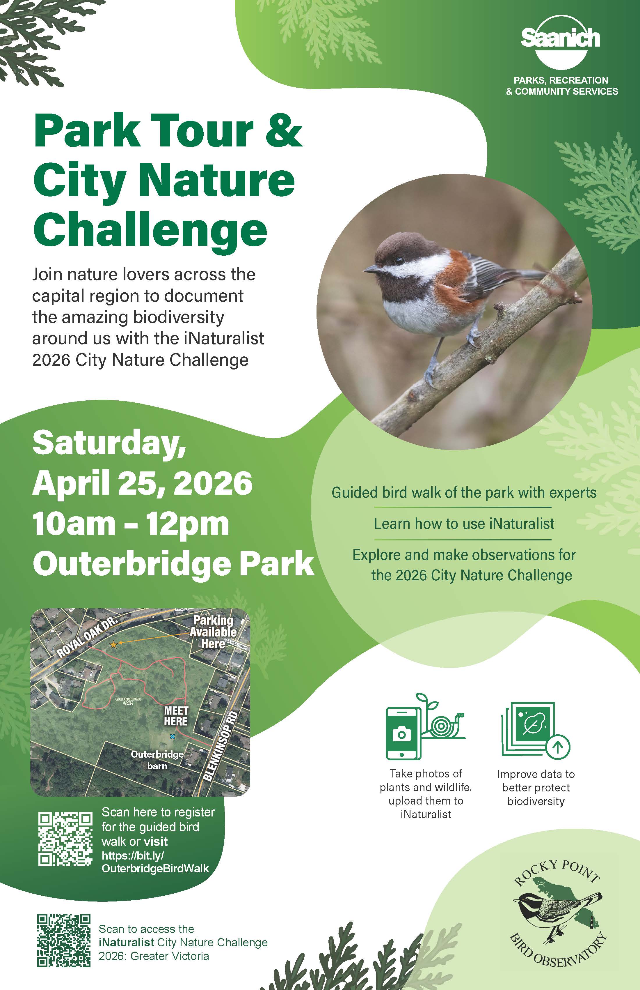 Promotional poster for Park Tour and City Nature Challenge happening on April 25 at Outerbridge Park